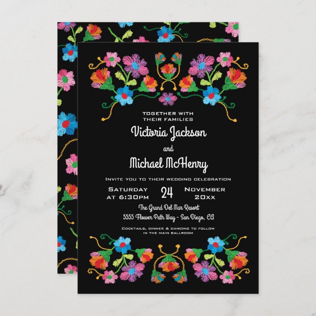 Embroidery Floral Folk art Wedding Invitation (Front/Back)