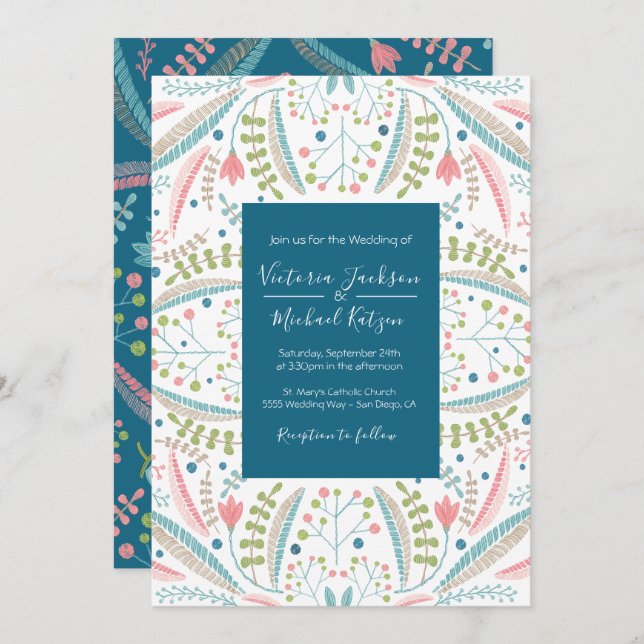 Embroidery Floral Wedding invitations (Front/Back)