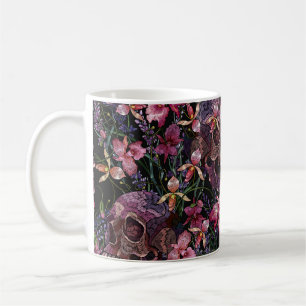 Embroidery human skull and pink orchid flowers pat coffee mug