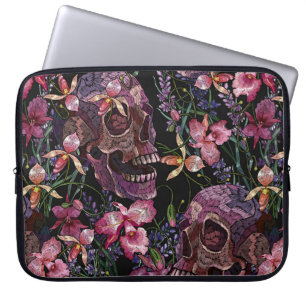 Embroidery human skull and pink orchid flowers pat laptop sleeve