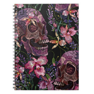 Embroidery human skull and pink orchid flowers pat notebook