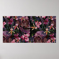 Embroidery human skull and pink orchid flowers pat
