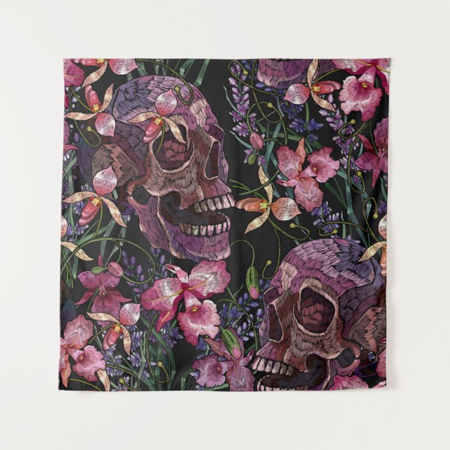 Embroidery human skull and pink orchid flowers pat tapestry (Front)