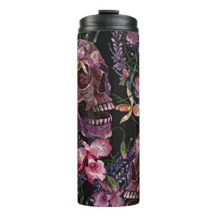 Embroidery human skull and pink orchid flowers pat thermal tumbler
