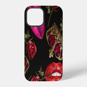 Embroidery lips, roses, crown seamless pattern. iPhone 12 case