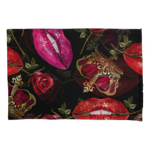 Embroidery lips, roses, crown seamless pattern. pillowcase