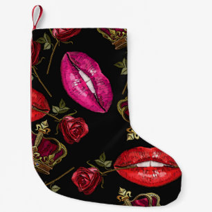 Embroidery lips, roses, crown seamless pattern. small christmas stocking