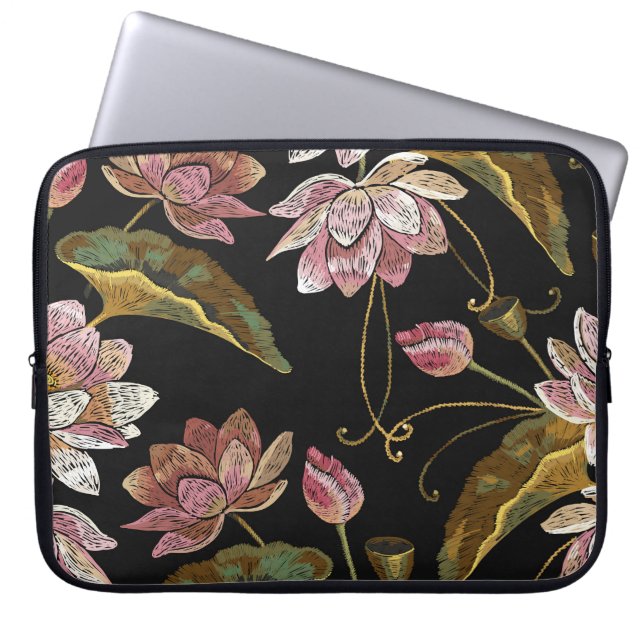 Embroidery Lotus Flowers Seamless Pattern Laptop Sleeve (Front)