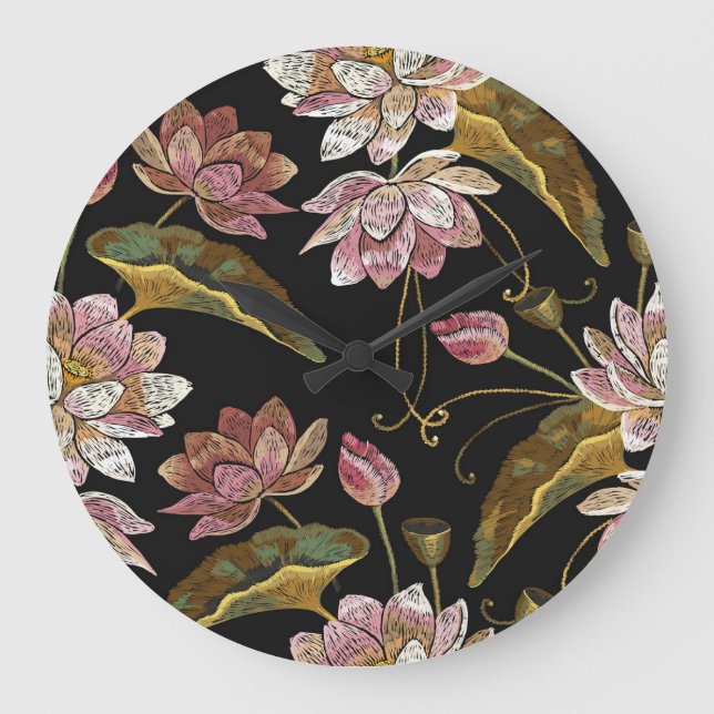 Embroidery Lotus Flowers Seamless Pattern Large Clock (Front)