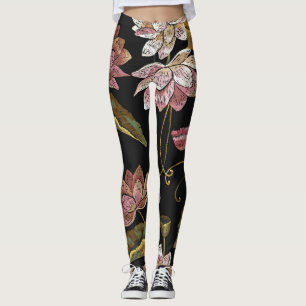 Embroidery Lotus Flowers Seamless Pattern Leggings