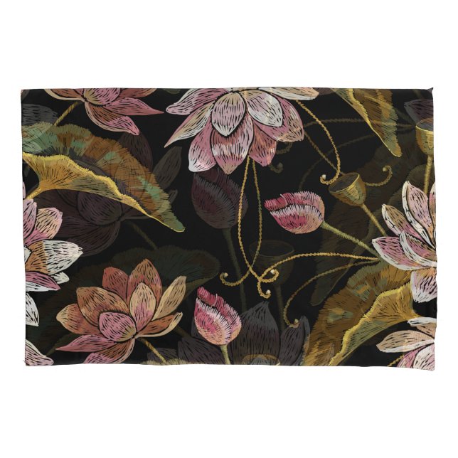 Embroidery Lotus Flowers Seamless Pattern Pillowcase (Front)
