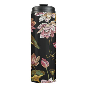 Embroidery Lotus Flowers Seamless Pattern Thermal Tumbler