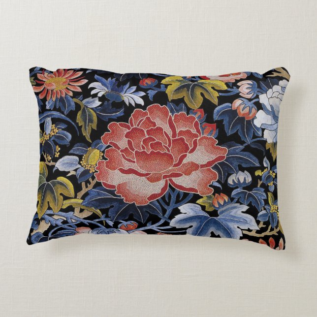 embroidery navy blue coral pink floral peony decorative cushion (Back)