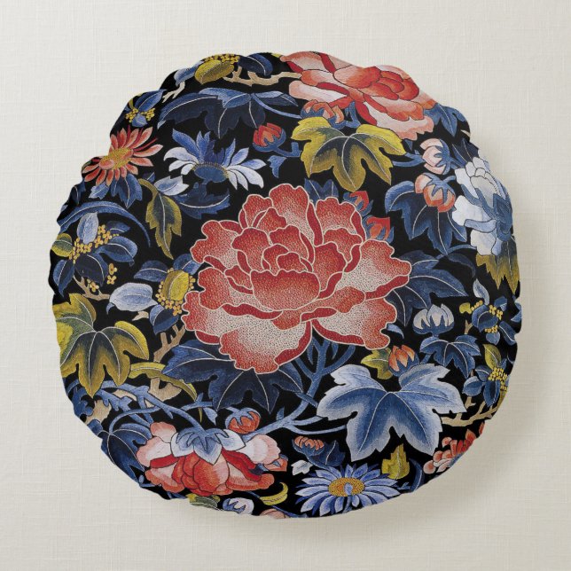 embroidery navy blue coral pink floral peony round cushion (Front)