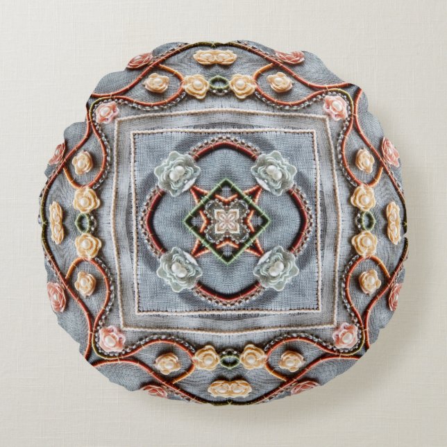 Embroidery pattern with cotton thread lace, pearls round cushion (Front)