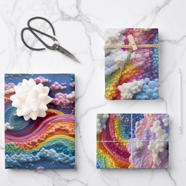 Embroidery Rainbow, Sky, and Cloud Design Wrapping Paper Sheet (Front)