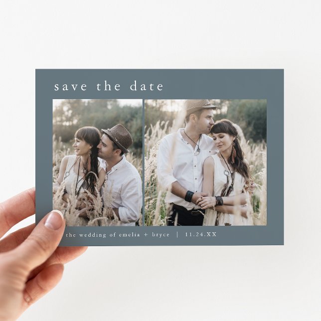 EMELIA 2 Photo Simple Boho Navy Dark Blue Wedding Save The Date (EMELIA 2 Photo Simple Boho Navy Dark Blue Wedding Save The Date)