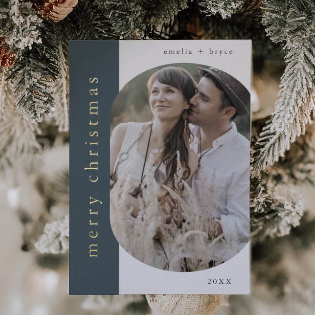 EMELIA Blue Gold Foil Oval Photo Merry Christmas (EMELIA Blue Gold Foil Oval Photo Merry Christmas Foil Holiday Card)