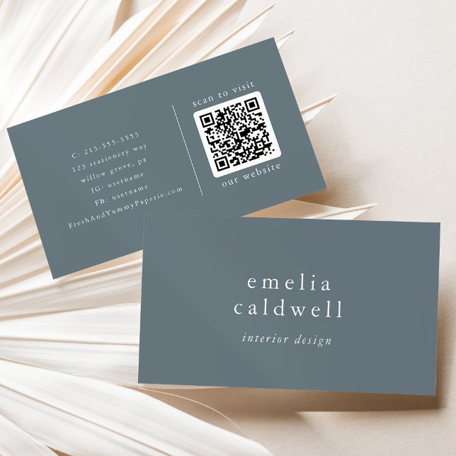 EMELIA Dusty Blue Minimalist Boho Minimal QR Code Business Card (EMELIA Dusty Blue Minimalist Boho Minimal QR Code Business Card)