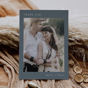 EMELIA Flat Dark Blue Simple Vintage Photo Wedding Thank You Card