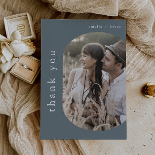 EMELIA Flat Rustic Minimal Blue Navy Photo Wedding Thank You Card