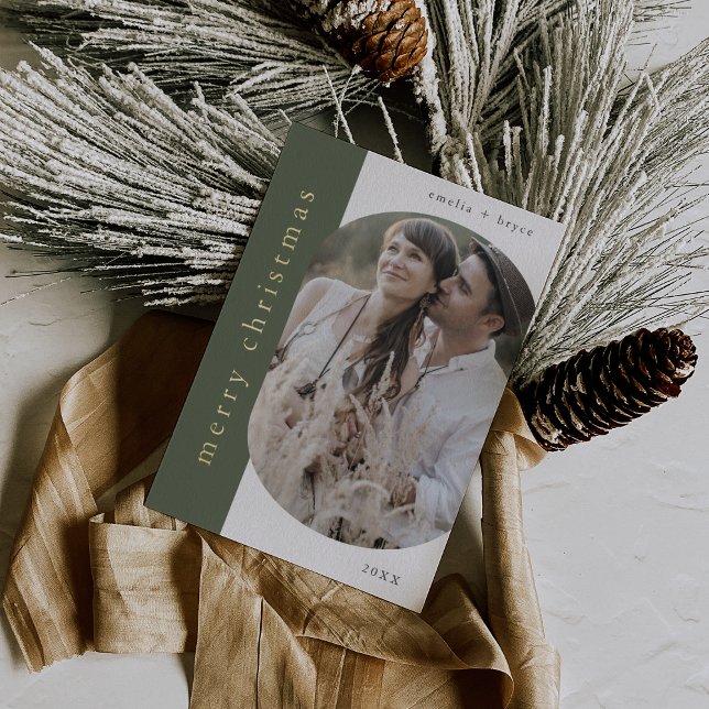 EMELIA Green Gold Foil Oval Photo Merry Christmas (EMELIA Green Gold Foil Oval Photo Merry Christmas Foil Holiday Card)