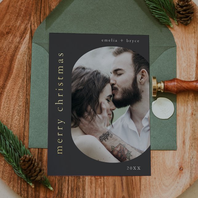 EMELIA Grey Gold Foil Photo Merry Christmas (EMELIA Gray Gold Foil Photo Merry Christmas Foil Holiday Card)