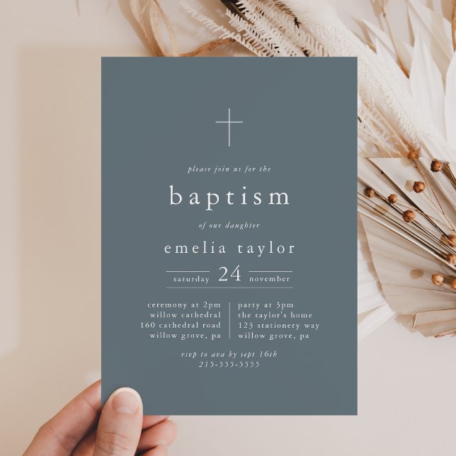 EMELIA Navy Rustic Minimal Dusty Blue Boho Baptism Invitation (EMELIA Navy Rustic Minimal Dusty Blue Boho Baptism Invitation)
