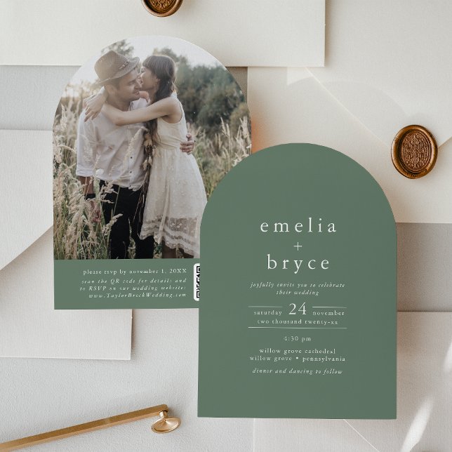 EMELIA QR Code Photo Arch Woodland Green Wedding Invitation (EMELIA QR Code Photo Arch Woodland Green Wedding Invitation)