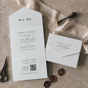 EMELIA QR Code White Black Rustic Simple Wedding All In One Invitation