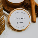 EMELIA Rustic Simple Modern Boho Wedding Thank You Classic Round Sticker<br><div class="desc">This rustic simple modern boho wedding thank you sticker from the Emelia Collection is perfect for a minimalistic wedding.

The black and white design features modern boho unadorned typography with a unique minimalist style.

Personalise your favour stickers with the names of the couple and wedding date.</div>