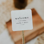EMELIA Unique Neutral Rustic Wedding Welcome Bag Square Sticker<br><div class="desc">This unique neutral rustic wedding welcome bag sticker from the Emelia Collection is perfect for a minimalistic wedding. The black and white design features modern boho unadorned typography with a unique minimalist style. Personalise these stickers with the location of your wedding, your names, and wedding date. These labels are perfect...</div>