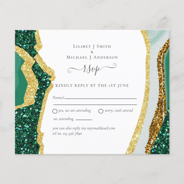 Emerald Agate Gold Wedding RSVP Budget Flyer (Front)