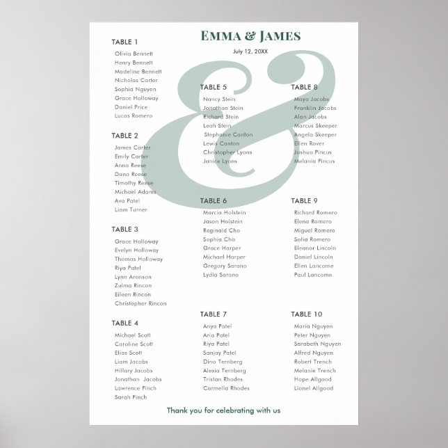 Emerald Ampersand Wedding | 10 Seating Chart (Front)