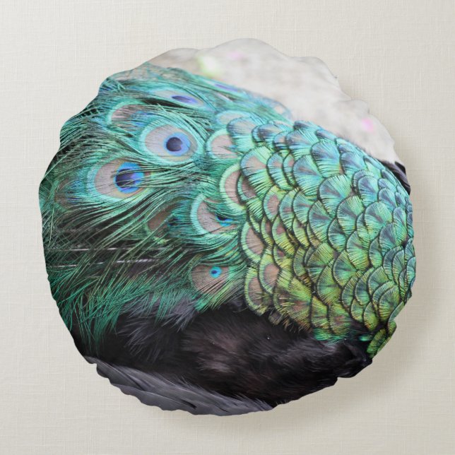Emerald and Beige Elegant Round Peacock Feathers Round Cushion (Back)