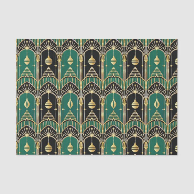 Emerald and Black Art Deco Holiday Pattern Tissue Paper (Front)