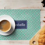 Emerald and Blue Personalised Greek Key Pattern Laminated Place Mat<br><div class="desc">Personalise this placemat with a name or any text of your choice for a perfect gift,  keepsake. Custom colours available by request.</div>