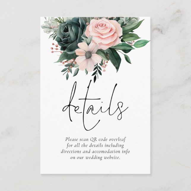 Emerald and Blush Florals QR Code Wedding Details Enclosure Card (Front)