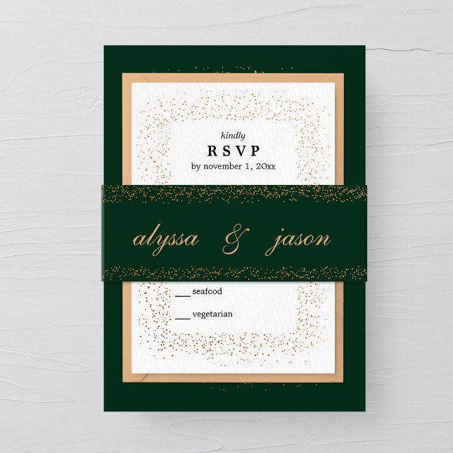 Emerald and Bronze Confetti Bursts Wedding Invitation Belly Band (Creator Uploaded)