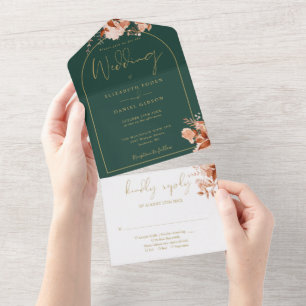 Emerald And Gold Arch Rustic Floral Fall Wedding All In One Invitation