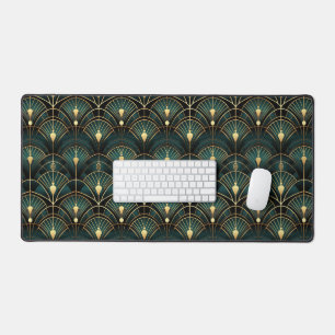 Emerald and Gold Art Deco Patterned Desk Mat