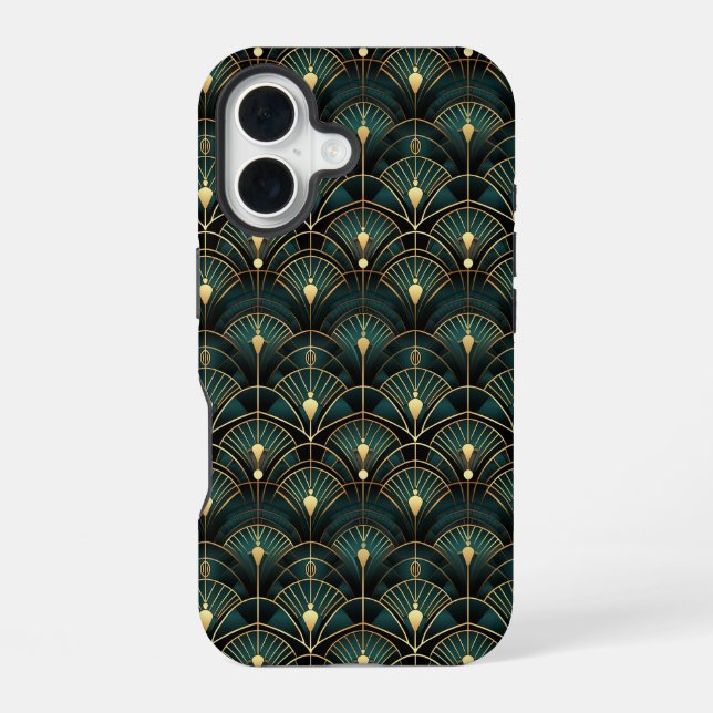Emerald and Gold Art Deco Patterned iPhone 16 Case (Back)
