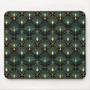 Emerald and Gold Art Deco Patterned Mouse Pad