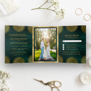 Emerald and Gold Asian Mandala Indian Wedding Tri-Fold Invitation