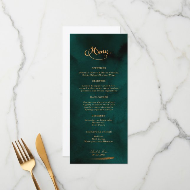 Emerald and Gold Calligraphy Elegant Wedding Menu (Front/Back In Situ)
