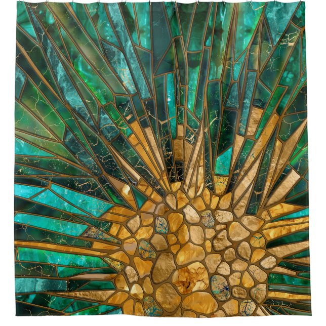 Emerald and gold cells mosaic abstract shower curtain (Front)