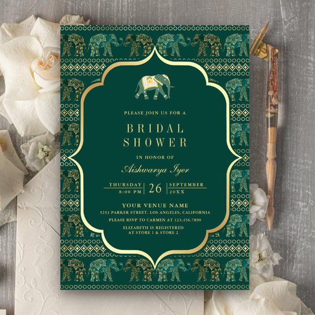 Emerald and Gold Elephant Indian Bridal Shower Invitation (Creator Uploaded)