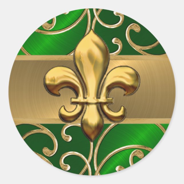 Emerald and Gold Filigree Swirls Fleur de Lis Classic Round Sticker (Front)