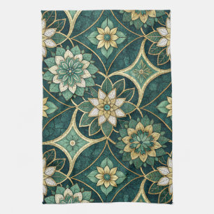 Emerald and Gold Floral Mandala - Ornamental Tea Towel