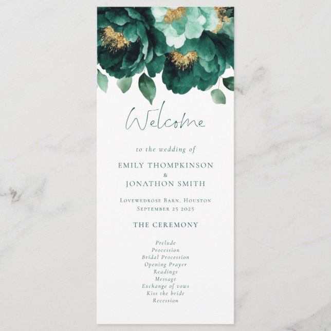 Emerald and Gold Florals Wedding Program Invitation (Front)